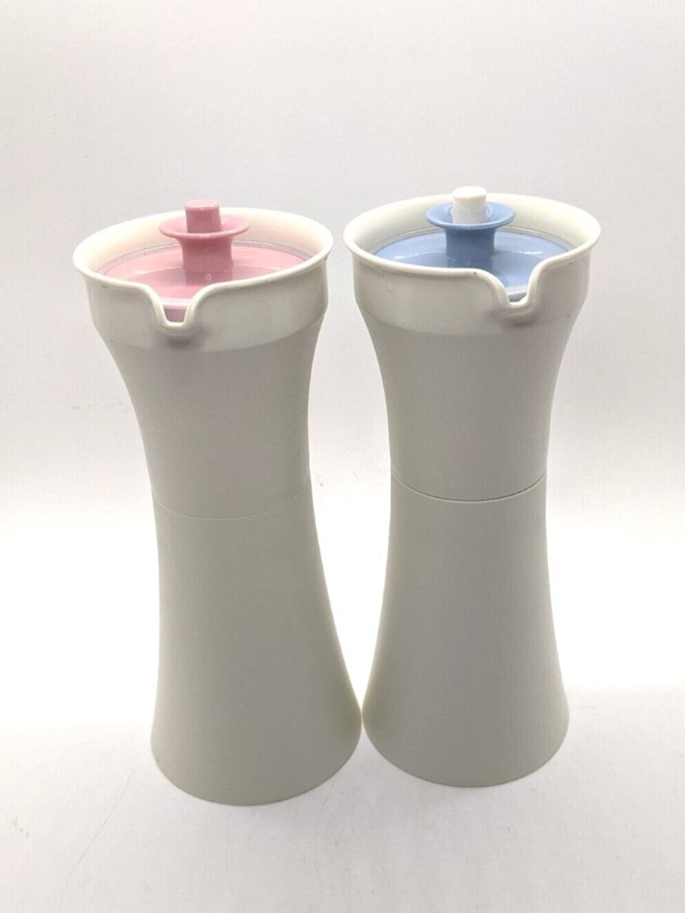 Tupperware Oil and Vinegar Cruets Pour Spout Set of 2 White Blue Pink 7"